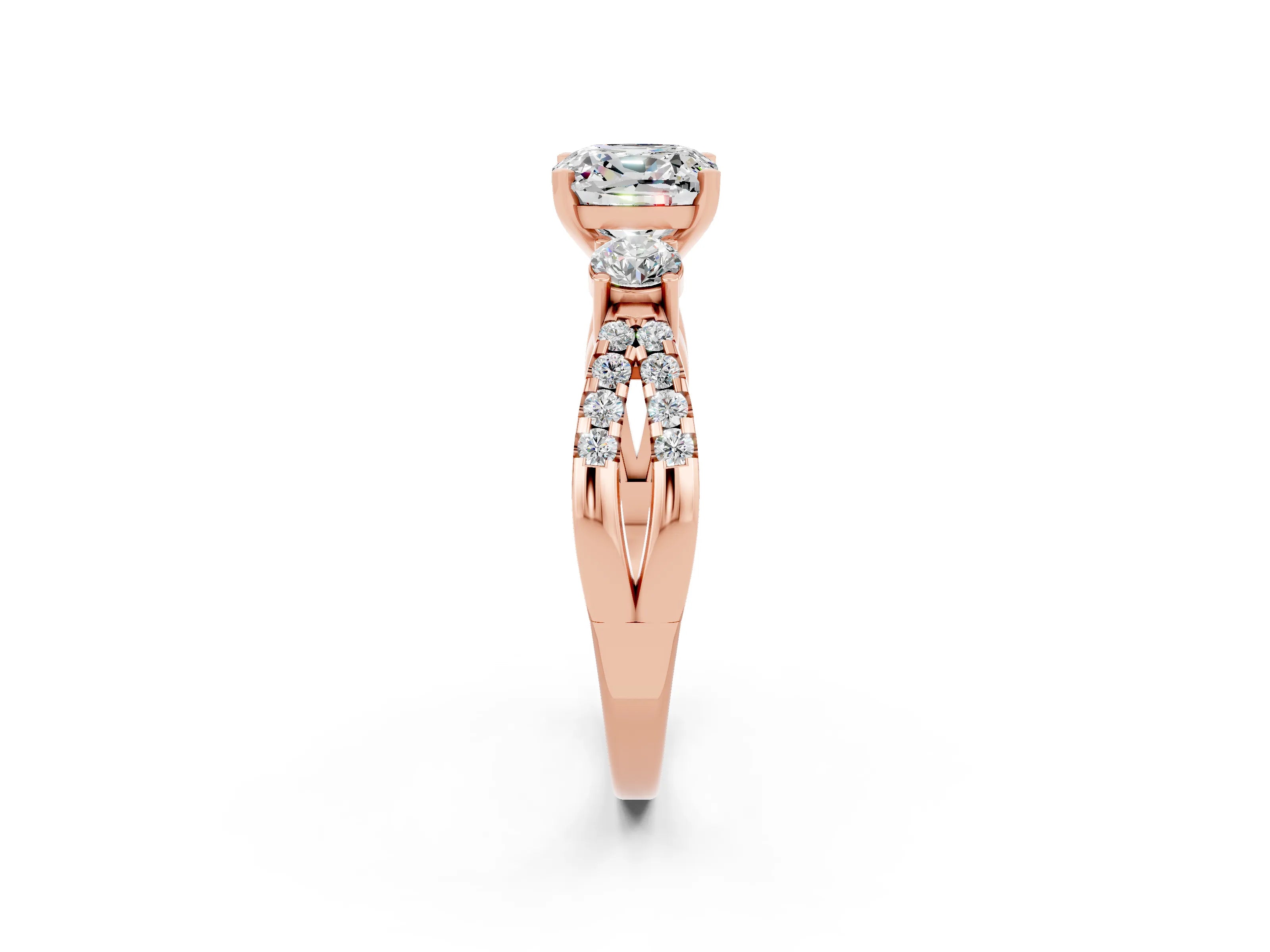 Rose gold Cushion Cut Moissanite Three-Stone Ring with Pavé Split Shank and Four-Prong Setting_14
