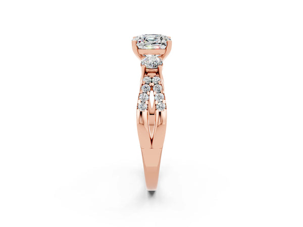 Rose gold Cushion Cut Moissanite Three-Stone Ring with Pavé Split Shank and Four-Prong Setting