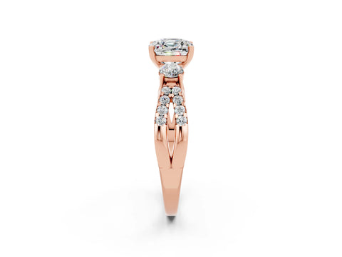 Rose gold Cushion Cut Moissanite Three-Stone Ring with Pavé Split Shank and Four-Prong Setting_14