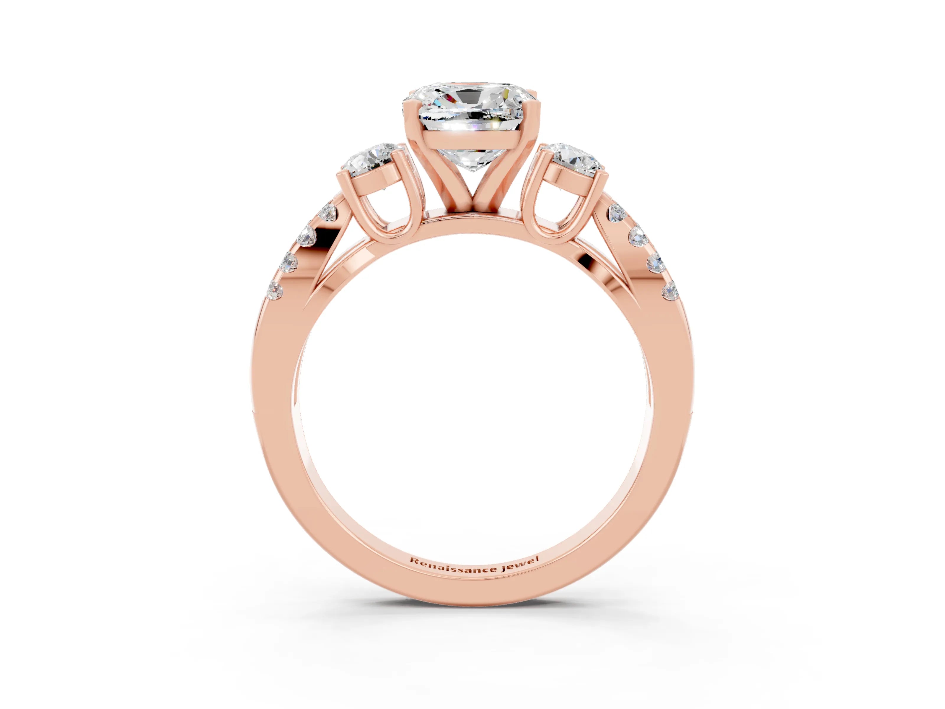 Rose gold Cushion Cut Moissanite Three-Stone Ring with Pavé Split Shank and Four-Prong Setting_15