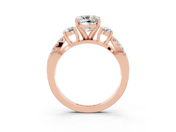 Rose gold Cushion Cut Moissanite Three-Stone Ring with Pavé Split Shank and Four-Prong Setting