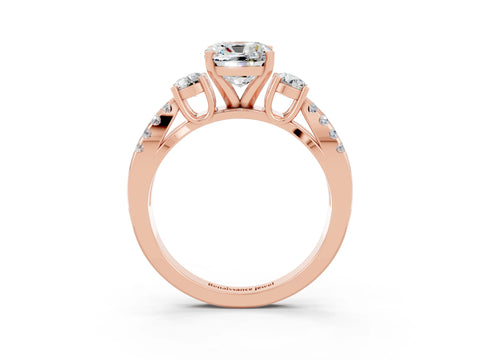 Rose gold Cushion Cut Moissanite Three-Stone Ring with Pavé Split Shank and Four-Prong Setting_15