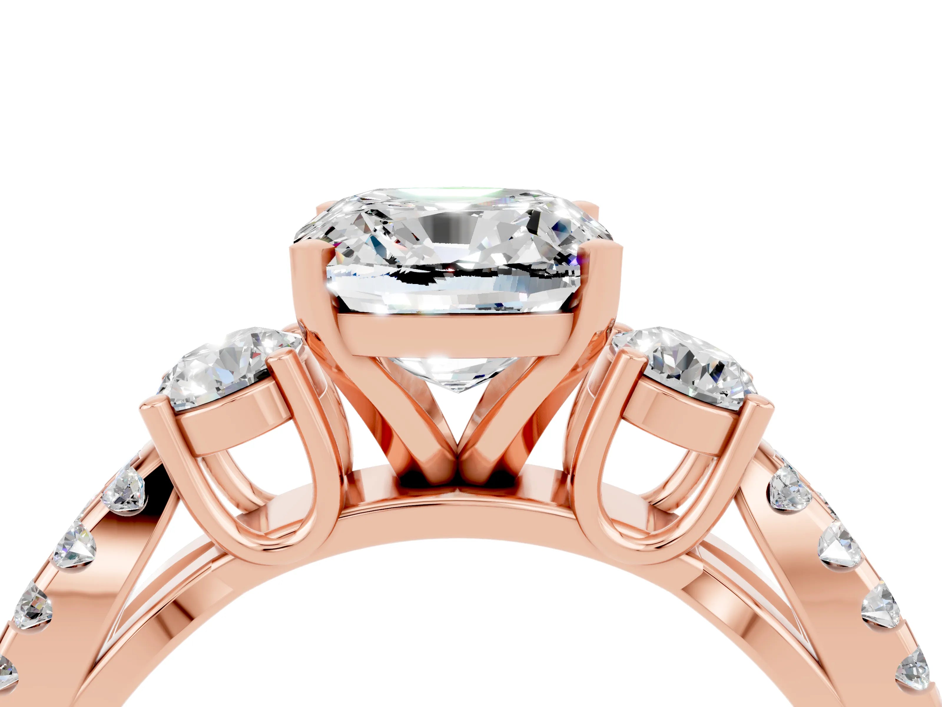 Rose gold Cushion Cut Moissanite Three-Stone Ring with Pavé Split Shank and Four-Prong Setting_16