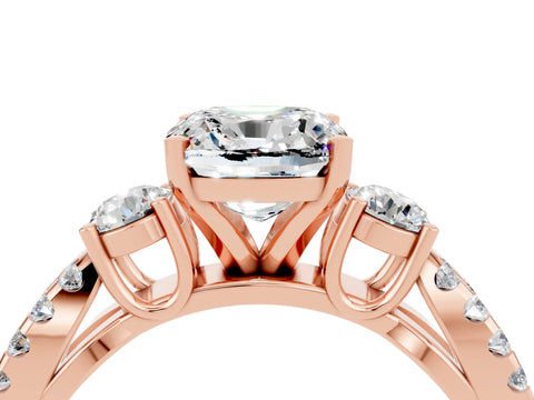 Rose gold Cushion Cut Moissanite Three-Stone Ring with Pavé Split Shank and Four-Prong Setting_16