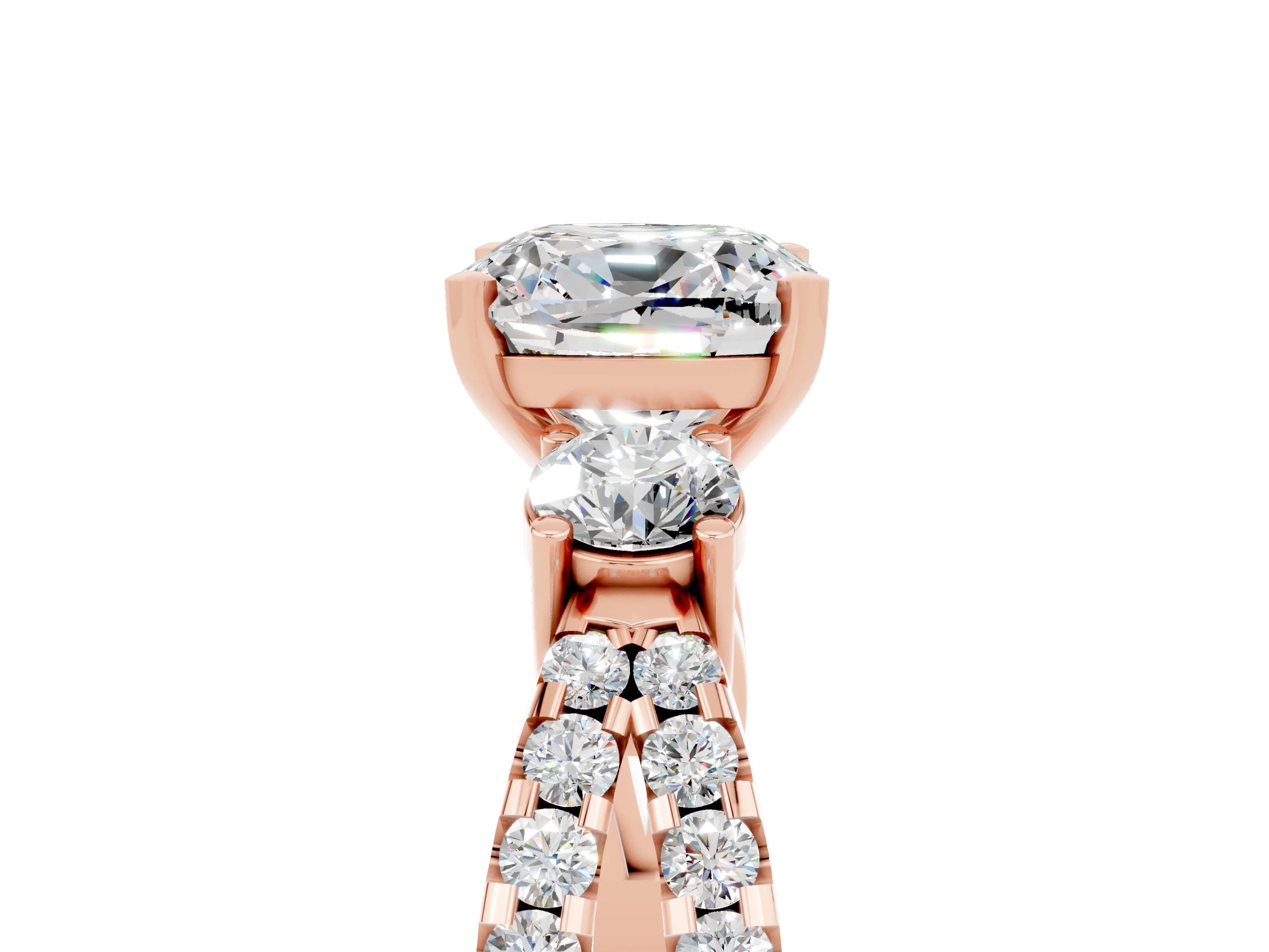 Rose gold Cushion Cut Moissanite Three-Stone Ring with Pavé Split Shank and Four-Prong Setting_17