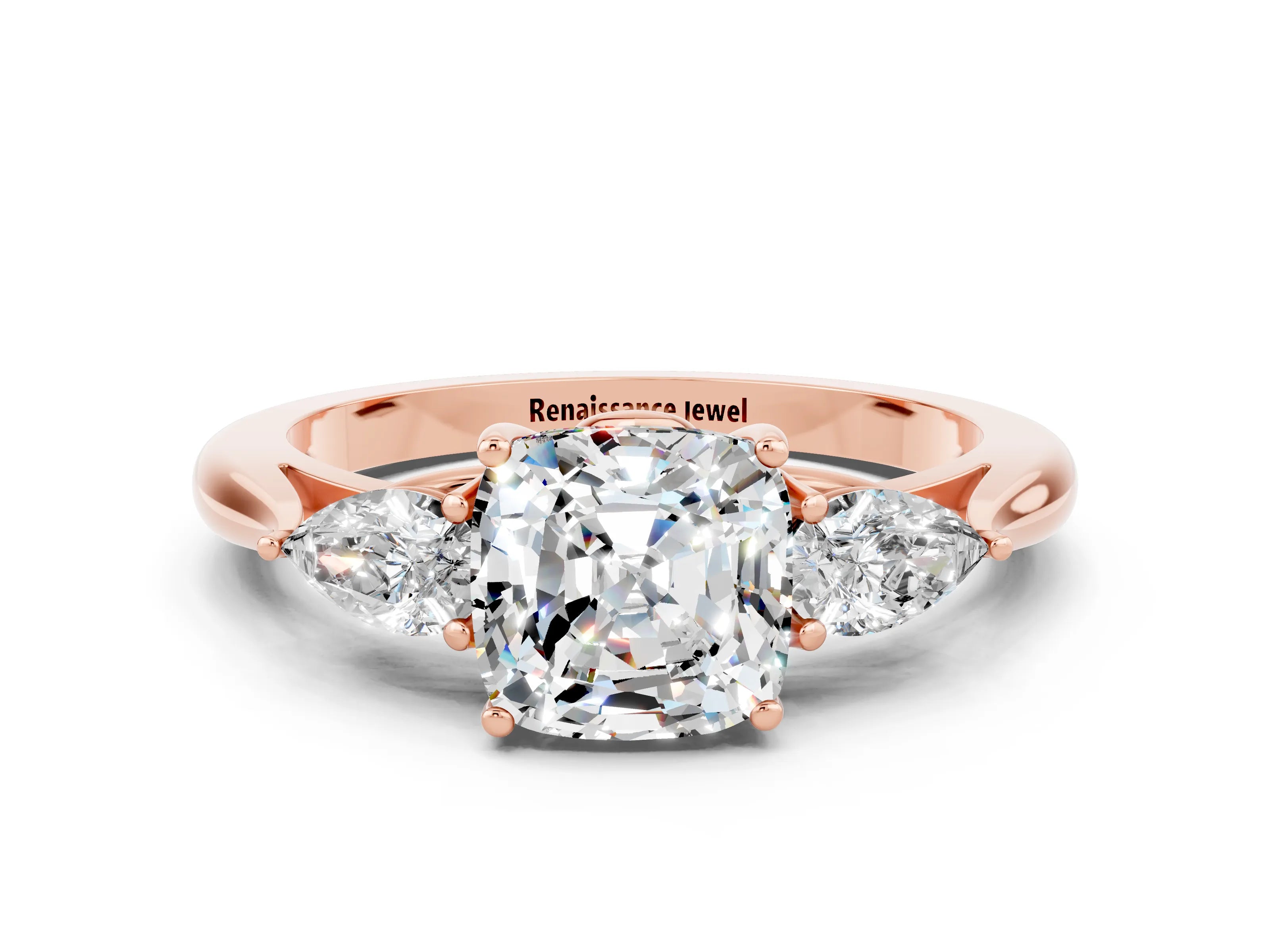 Rose gold Cushion Cut Moissanite Three-Stone Ring with Pear Side Stones and Four-Prong Setting_12