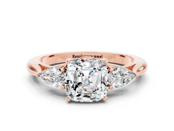 Rose gold Cushion Cut Moissanite Three-Stone Ring with Pear  Side Stones and Prong Setting