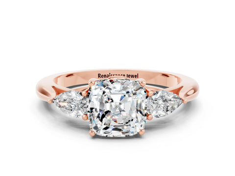 Rose gold Cushion Cut Moissanite Three-Stone Ring with Pear Side Stones and Four-Prong Setting_12