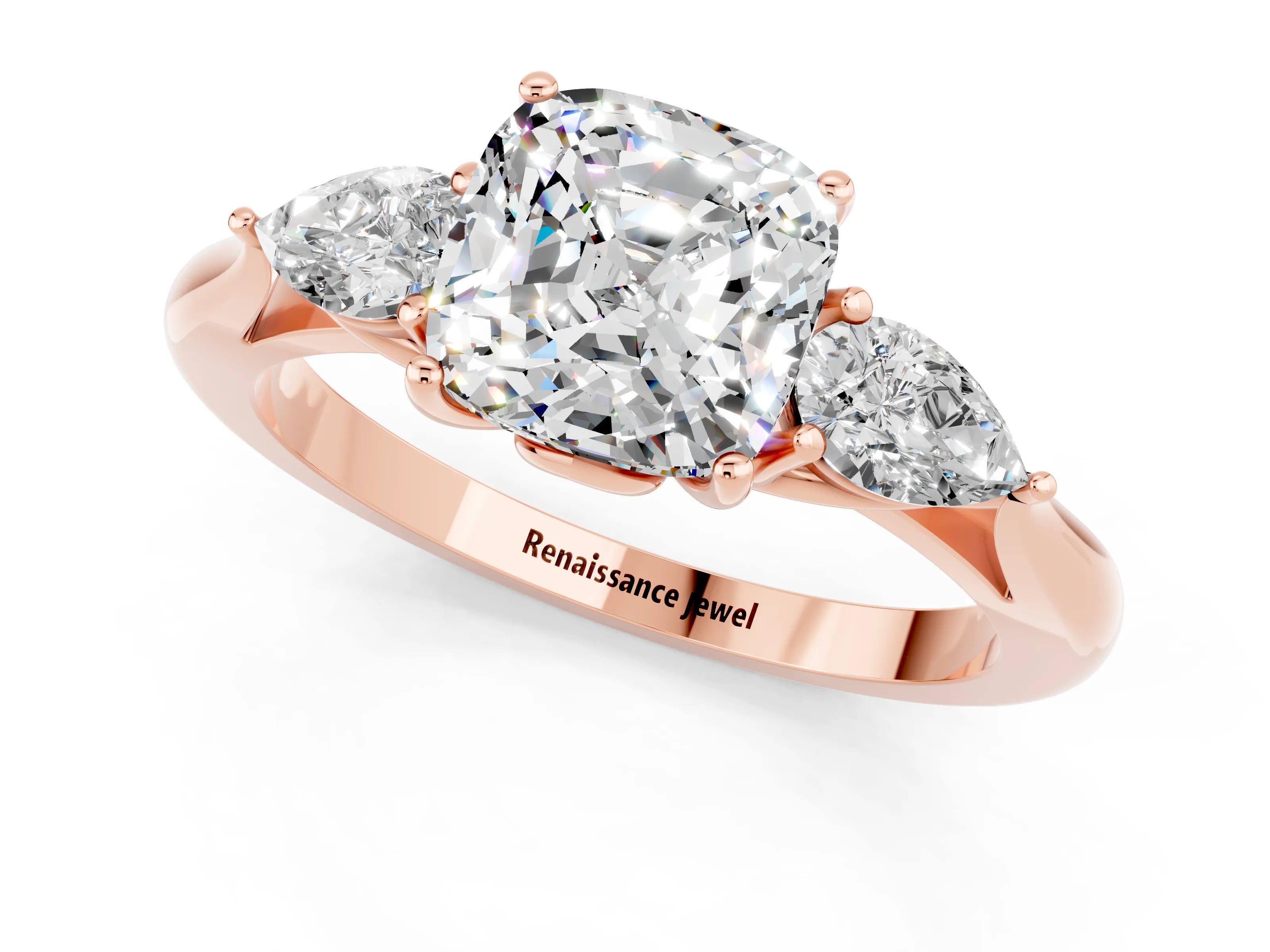 Rose gold Cushion Cut Moissanite Three-Stone Ring with Pear Side Stones and Four-Prong Setting_13