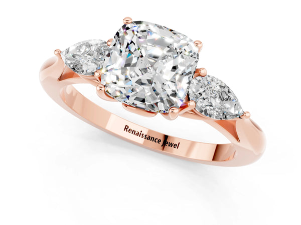 Rose gold Cushion Cut Moissanite Three-Stone Ring with Pear  Side Stones and Prong Setting