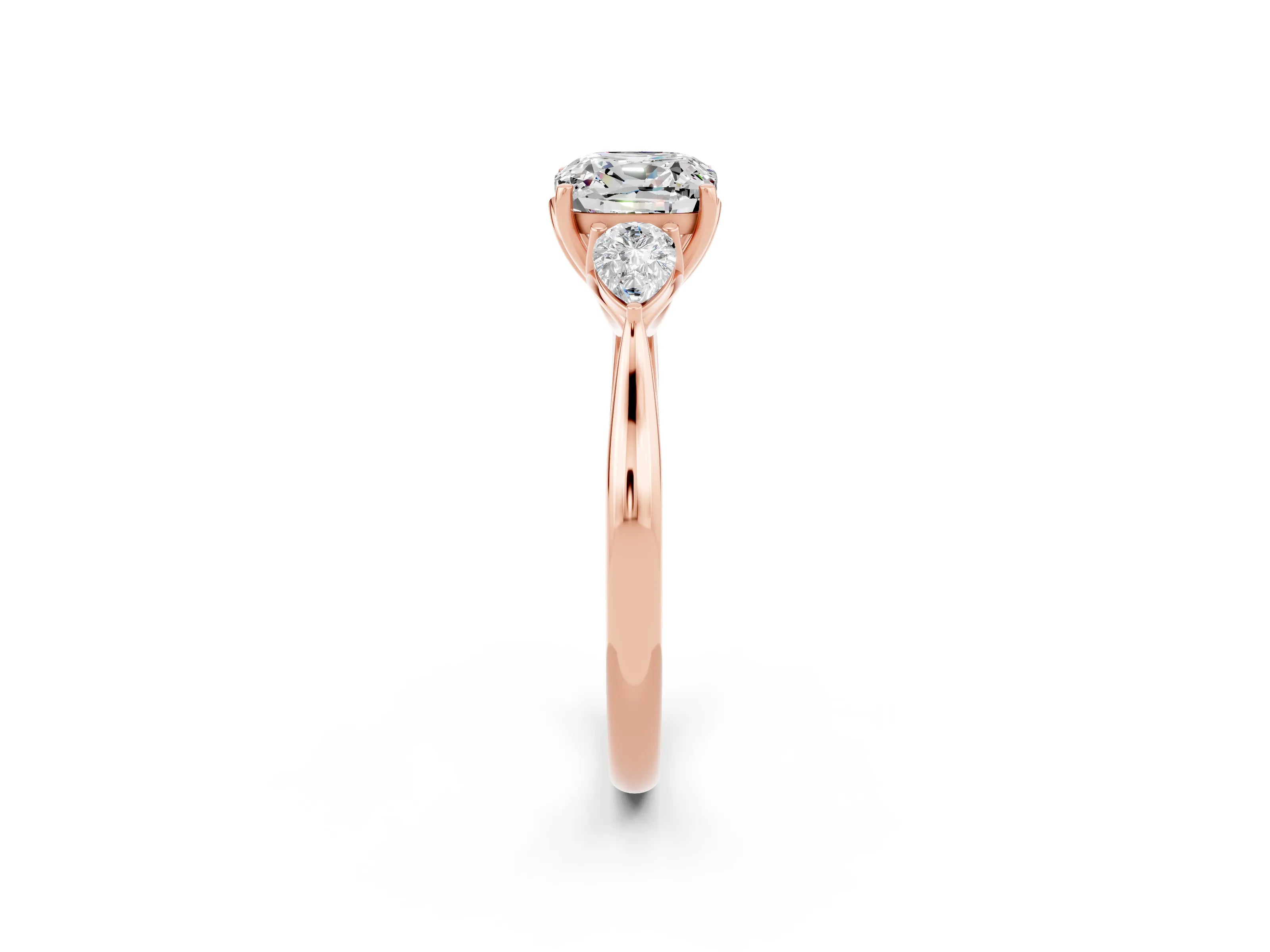 Rose gold Cushion Cut Moissanite Three-Stone Ring with Pear Side Stones and Four-Prong Setting_14