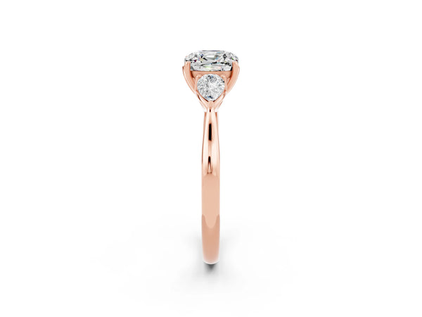 Rose gold Cushion Cut Moissanite Three-Stone Ring with Pear  Side Stones and Prong Setting