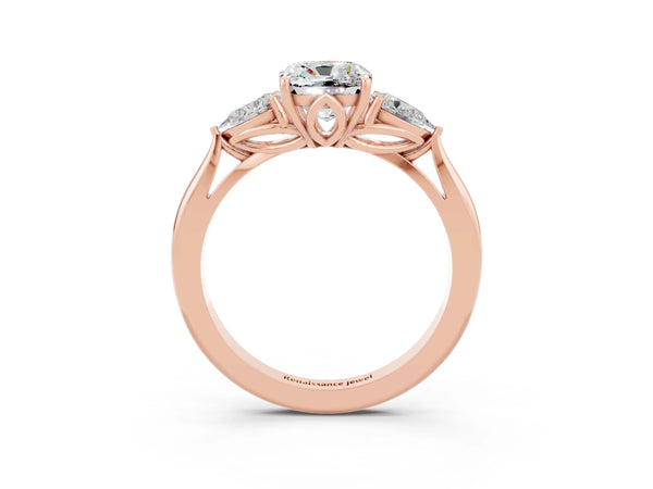 Rose gold Cushion Cut Moissanite Three-Stone Ring with Pear  Side Stones and Prong Setting