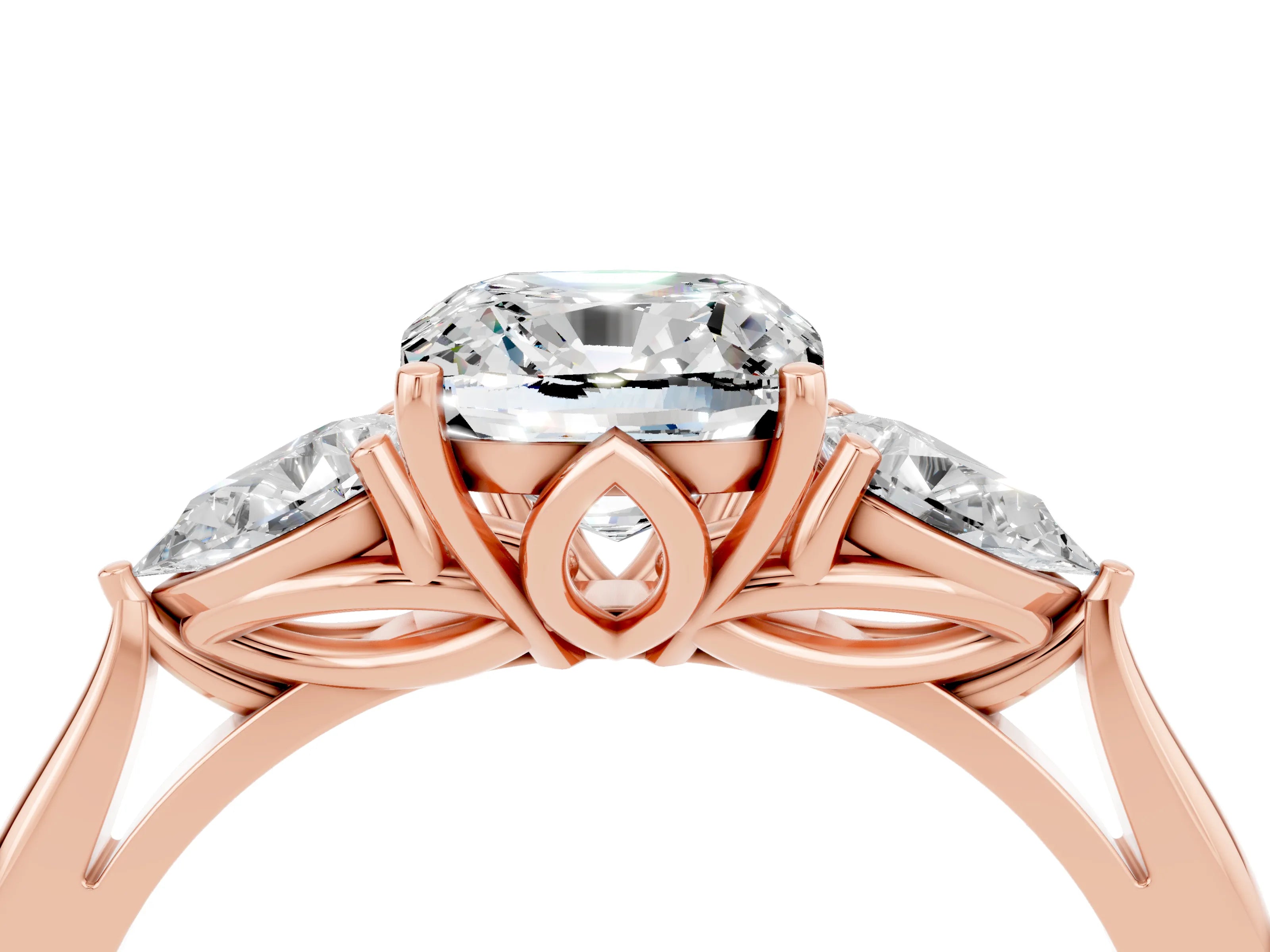 Rose gold Cushion Cut Moissanite Three-Stone Ring with Pear Side Stones and Four-Prong Setting_16