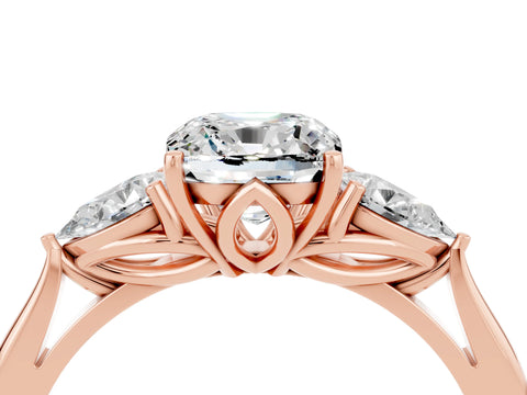 Rose gold Cushion Cut Moissanite Three-Stone Ring with Pear Side Stones and Four-Prong Setting_16