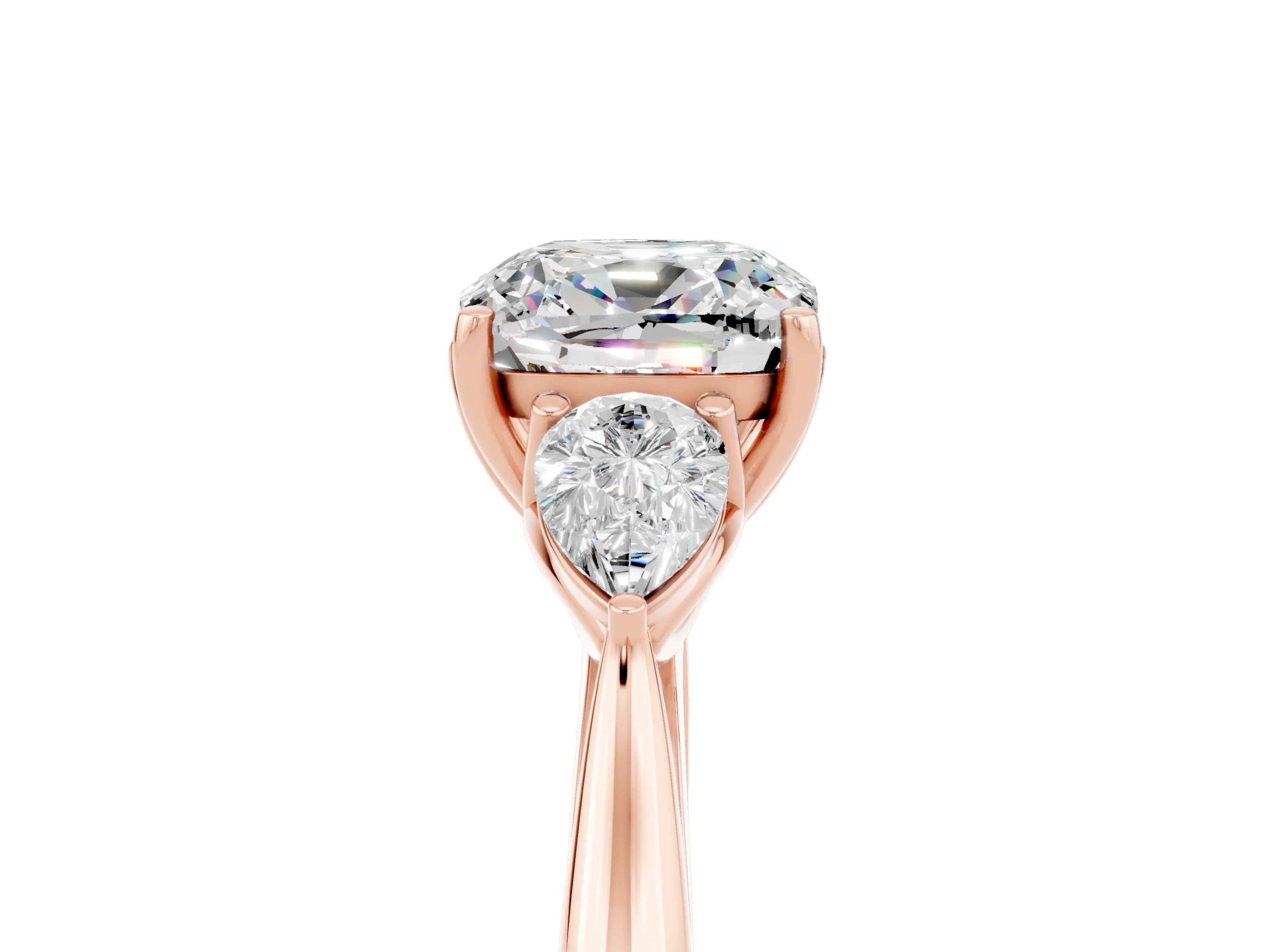 Rose gold Cushion Cut Moissanite Three-Stone Ring with Pear Side Stones and Four-Prong Setting_17