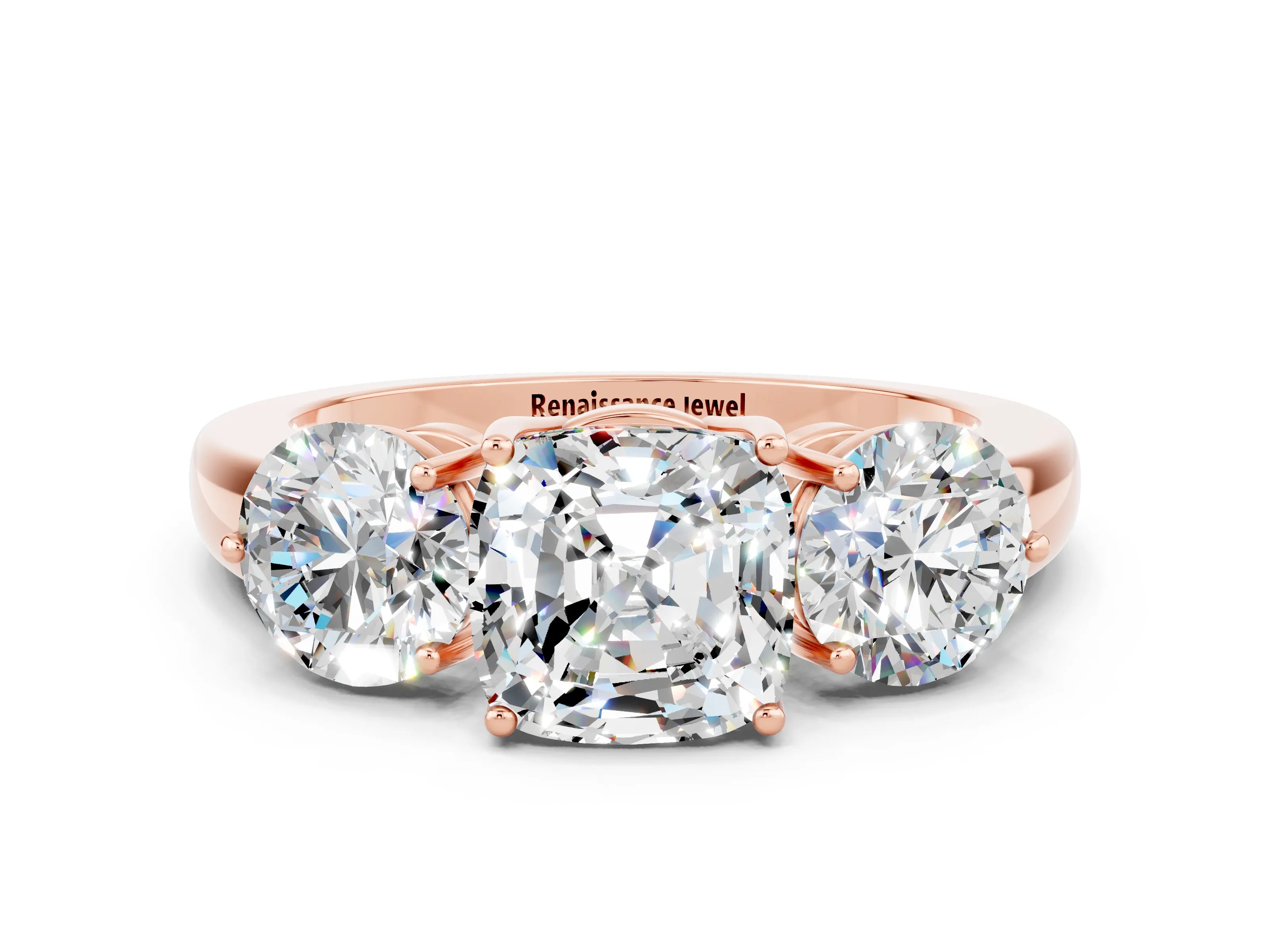 Rose gold Cushion Cut Moissanite Three-Stone Ring with Prong Setting and Classic Band
