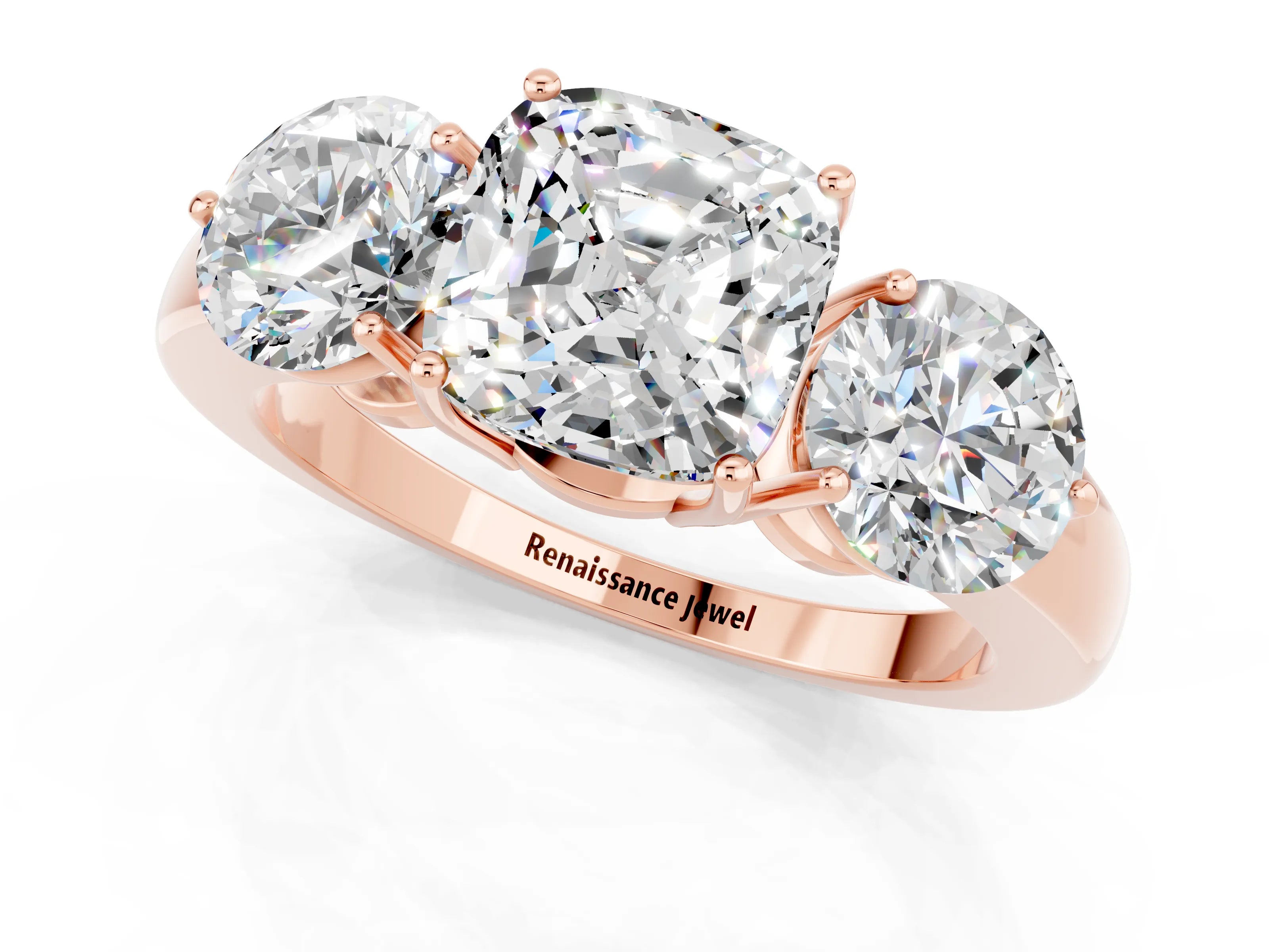 Rose gold Cushion Cut Moissanite Three-Stone Ring with Prong Setting and Classic Band_1