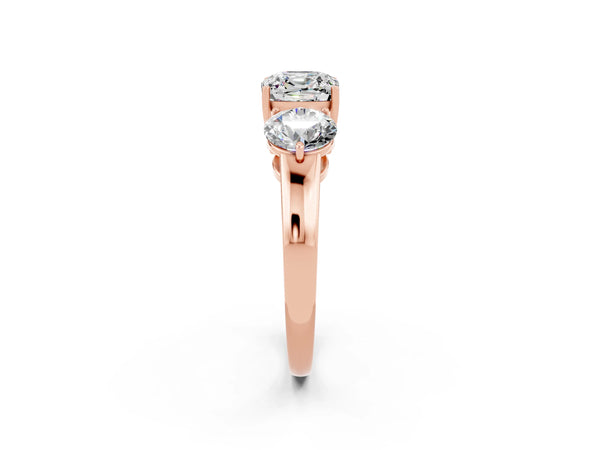 Rose gold Cushion Cut Moissanite Three-Stone Ring with Prong Setting and Classic Band