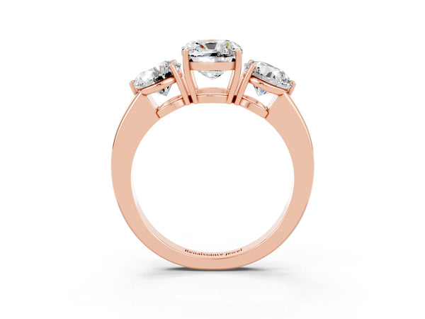 Rose gold Cushion Cut Moissanite Three-Stone Ring with Prong Setting and Classic Band