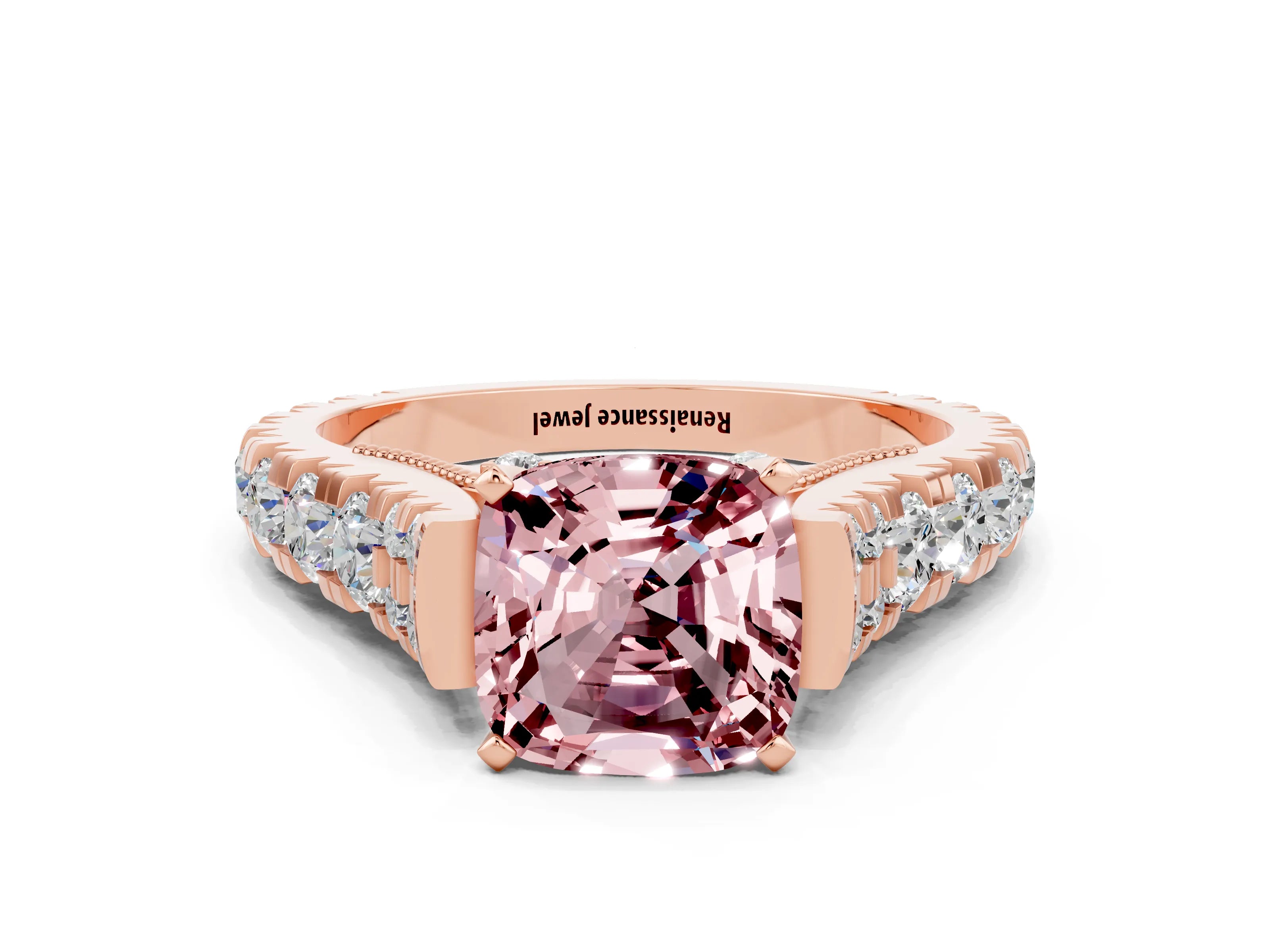 Rose gold Cushion Cut Morganite Classic Solitaire Ring with Pavé Band and Four-Prong Setting