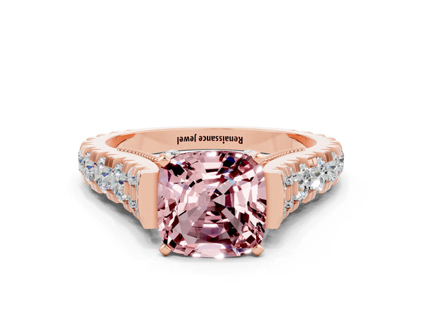 Rose gold Cushion Cut Morganite Classic Solitaire Ring with Pavé Band and Four-Prong Setting