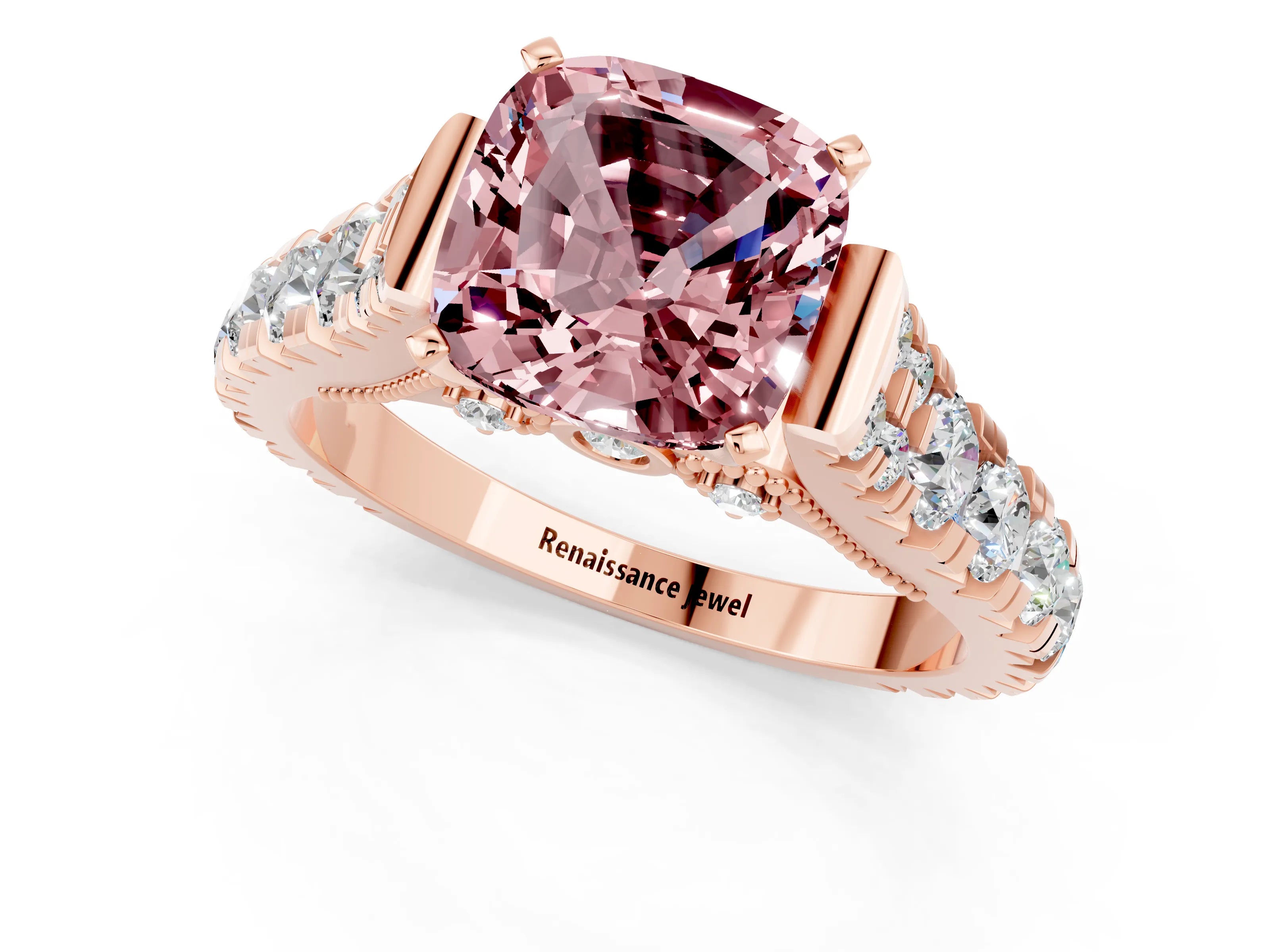 Rose gold Cushion Cut Morganite Classic Solitaire Ring with Pavé Band and Four-Prong Setting_1