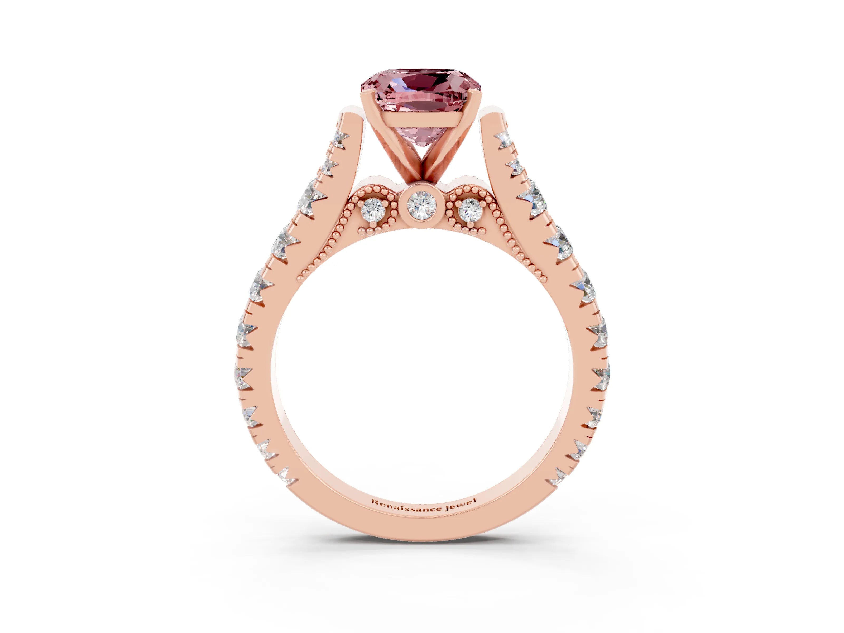 Rose gold Cushion Cut Morganite Classic Solitaire Ring with Pavé Band and Four-Prong Setting_3