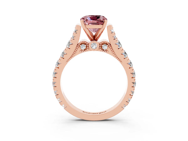 Rose gold Cushion Cut Morganite Classic Solitaire Ring with Pavé Band and Four-Prong Setting