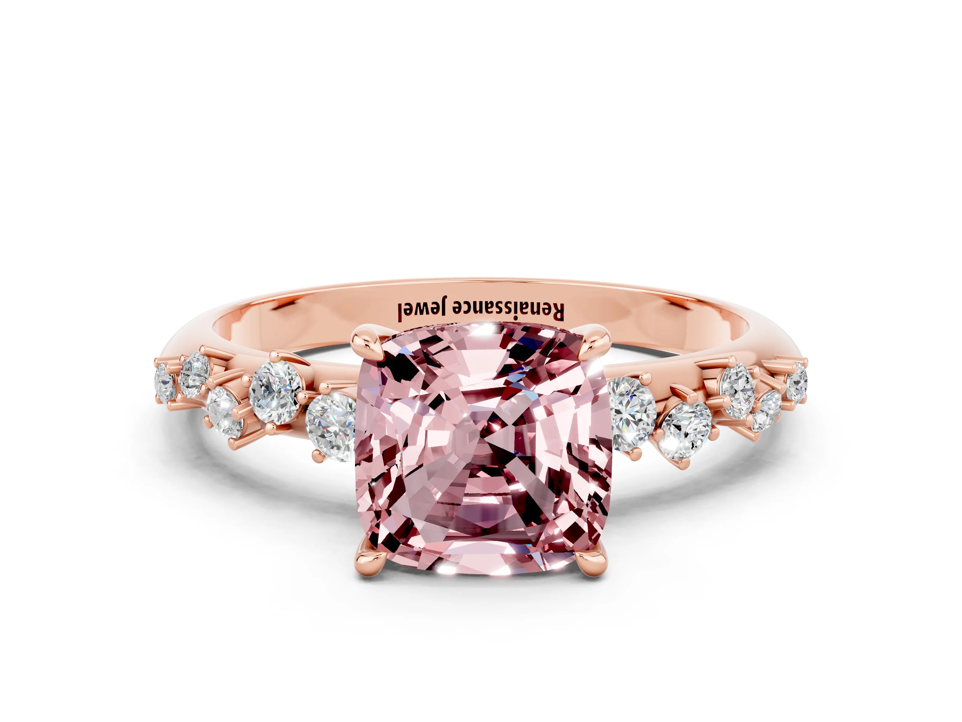 Rose gold Cushion Cut Morganite Cluster Side Stone Solitaire Ring with Prong Setting_24