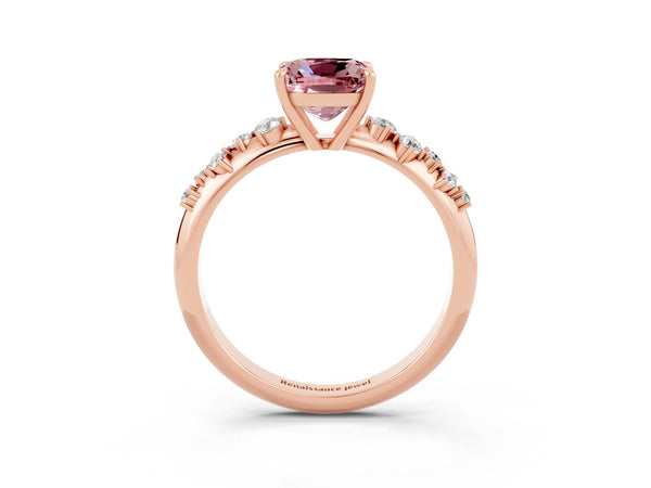 Rose gold Cushion Cut Morganite Cluster Side Stone Solitaire Ring with Prong Setting