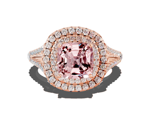 Rose gold Cushion Cut Morganite Double Halo Ring with Pavé Band and Prong Setting_12