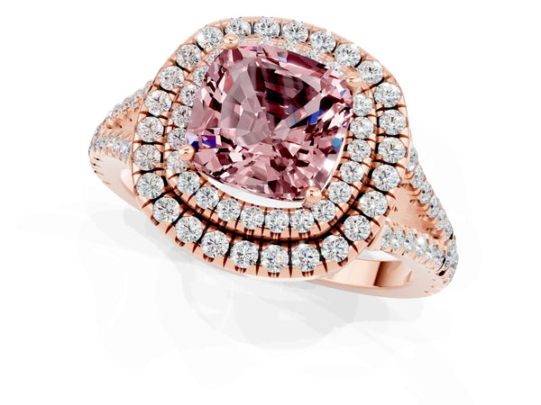 Rose gold Cushion Cut Morganite Double Halo Ring with Pavé Band and Prong Setting