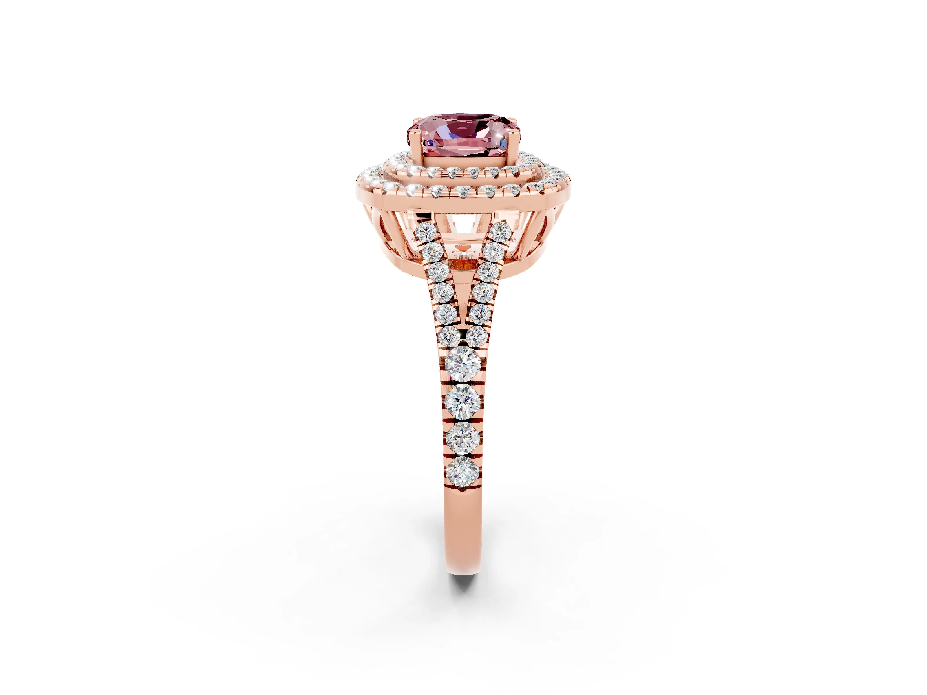 Rose gold Cushion Cut Morganite Double Halo Ring with Pavé Band and Prong Setting_14