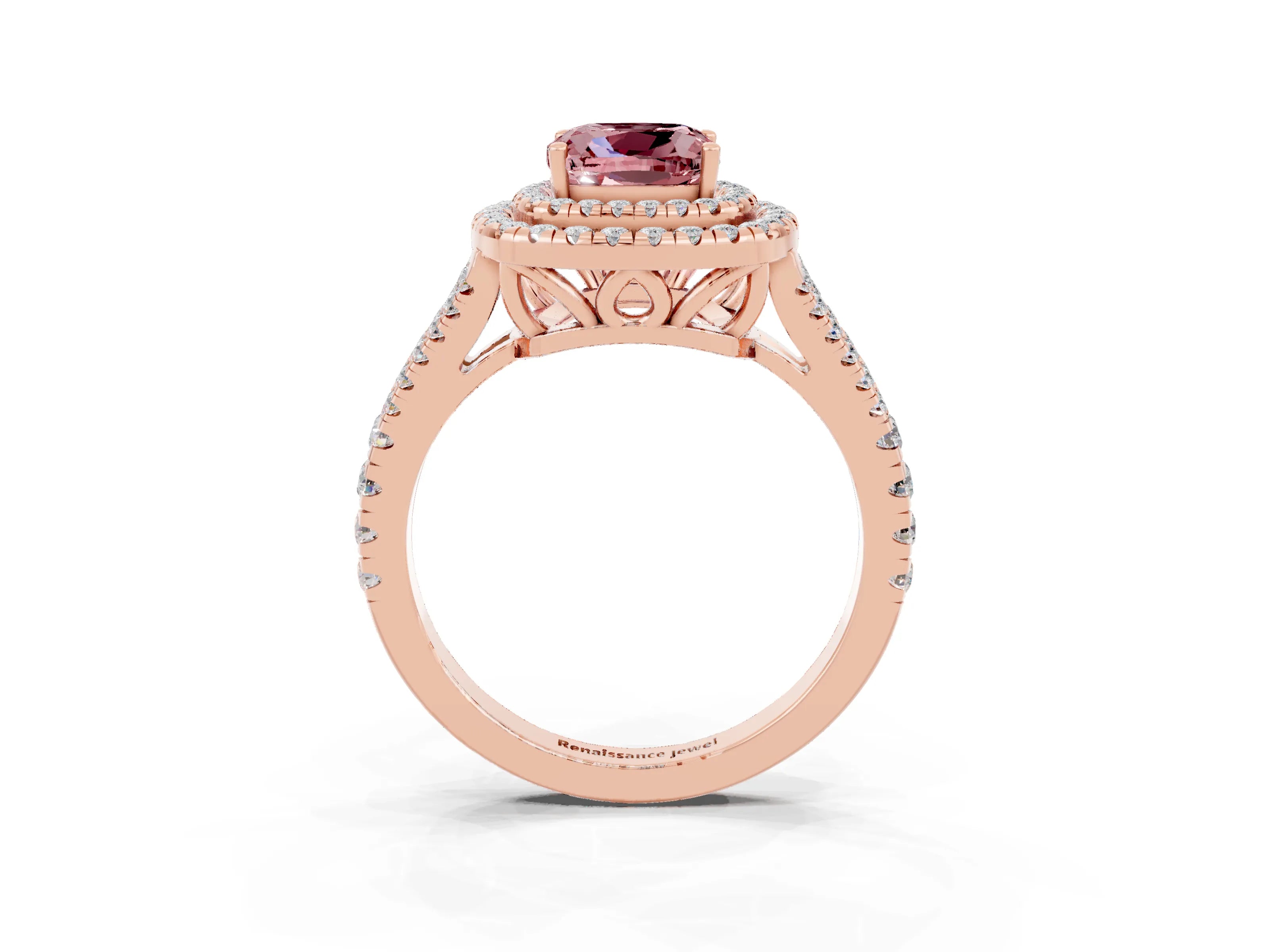 Rose gold Cushion Cut Morganite Double Halo Ring with Pavé Band and Prong Setting_15