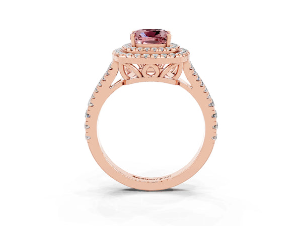 Rose gold Cushion Cut Morganite Double Halo Ring with Pavé Band and Prong Setting