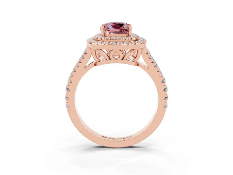 Rose gold Cushion Cut Morganite Double Halo Ring with Pavé Band and Prong Setting_15