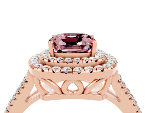 Rose gold Cushion Cut Morganite Double Halo Ring with Pavé Band and Prong Setting_16
