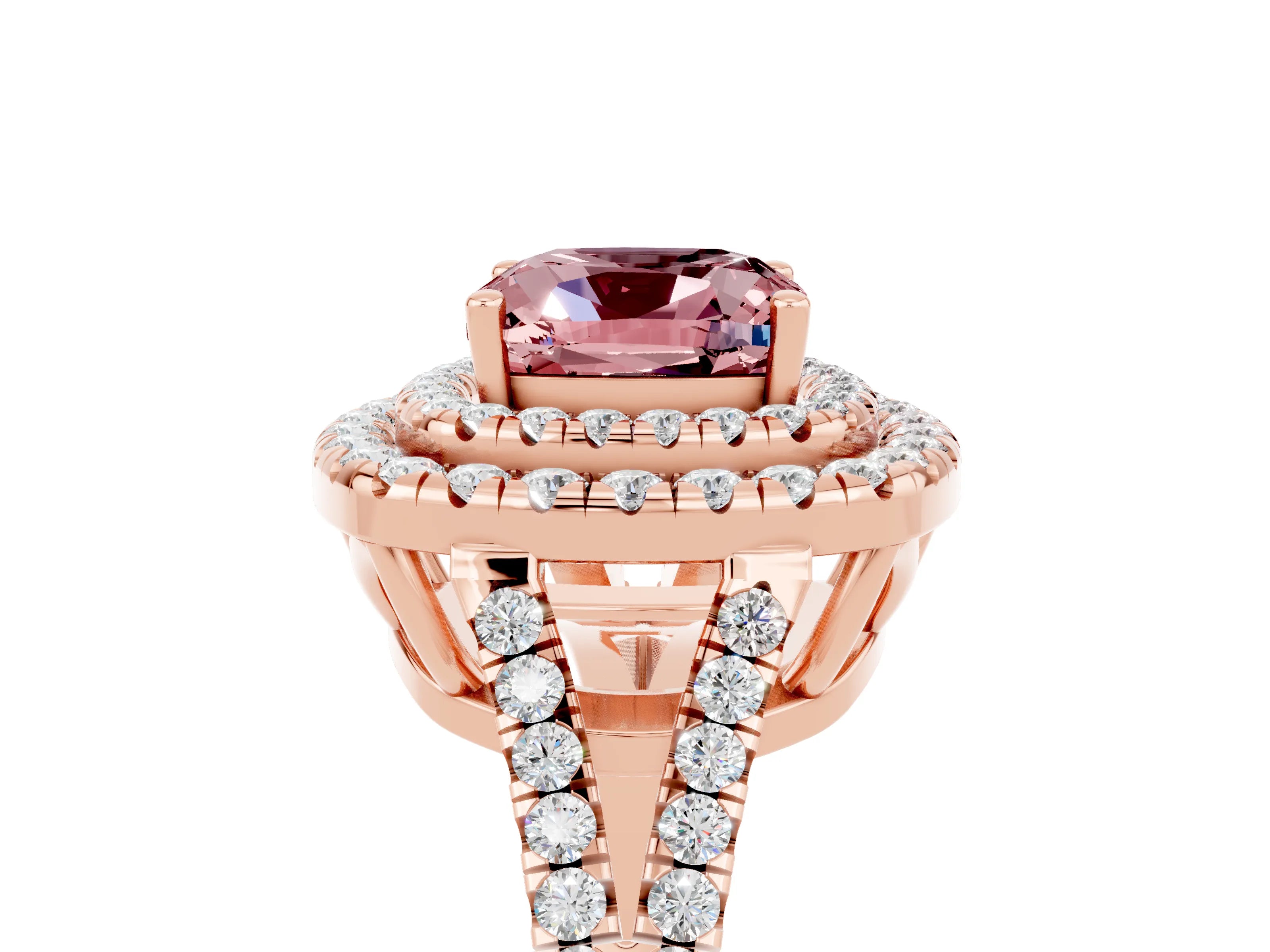 Rose gold Cushion Cut Morganite Double Halo Ring with Pavé Band and Prong Setting_17