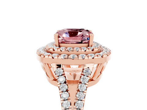 Rose gold Cushion Cut Morganite Double Halo Ring with Pavé Band and Prong Setting_17
