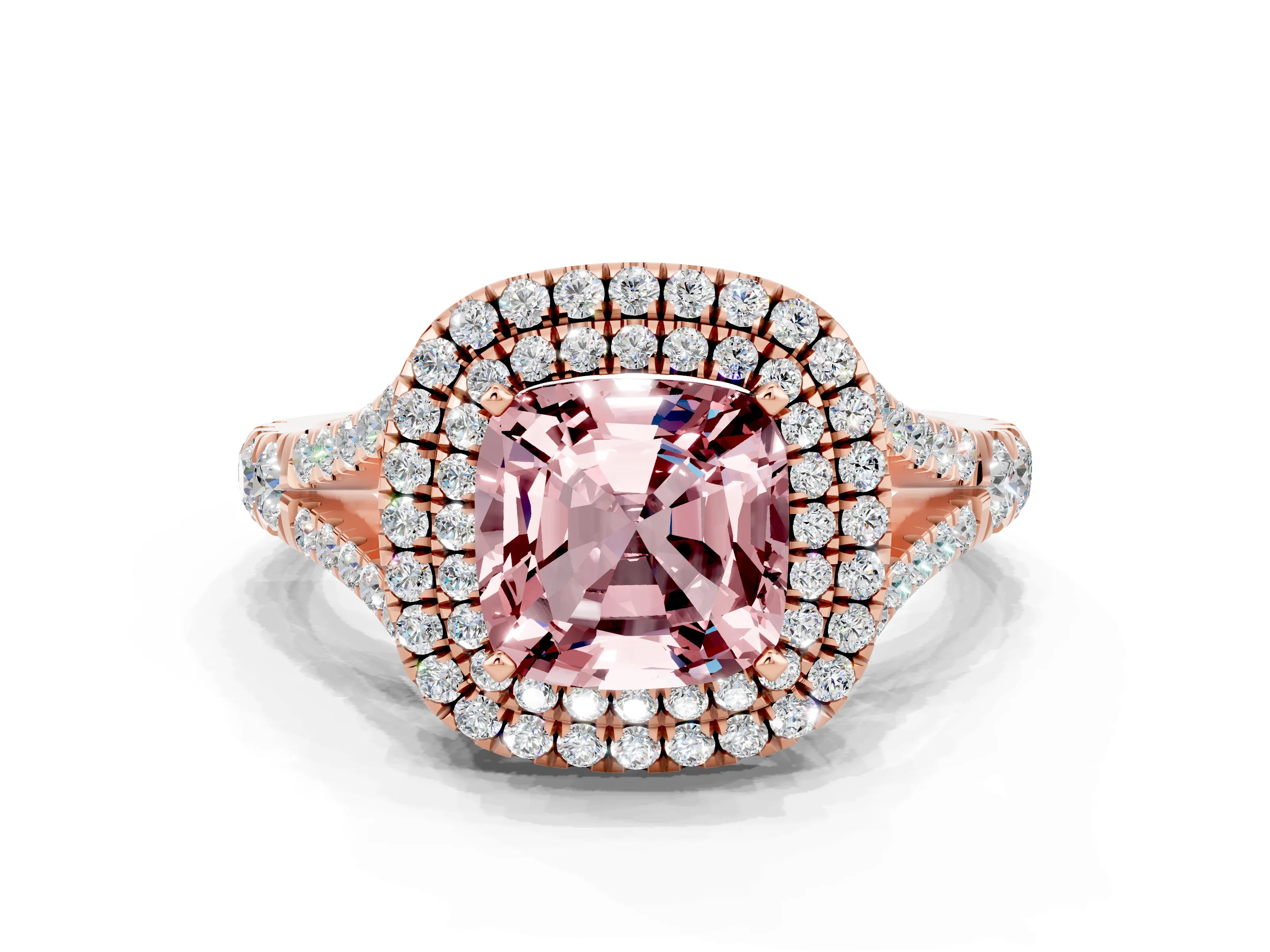 Rose gold Cushion Cut Morganite Double Halo Ring with Split Shank and Prong Setting_12