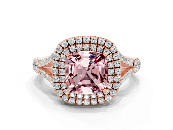 Rose gold Cushion Cut Morganite Double Halo Ring with Split Shank and Prong Setting