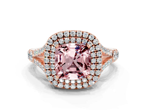 Rose gold Cushion Cut Morganite Double Halo Ring with Split Shank and Prong Setting_12