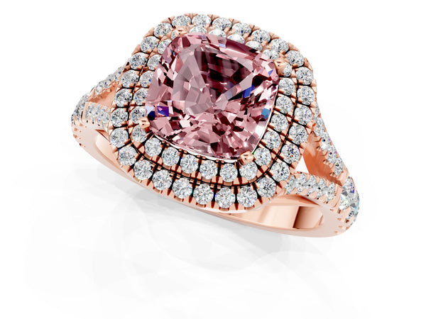Rose gold Cushion Cut Morganite Double Halo Ring with Split Shank and Prong Setting