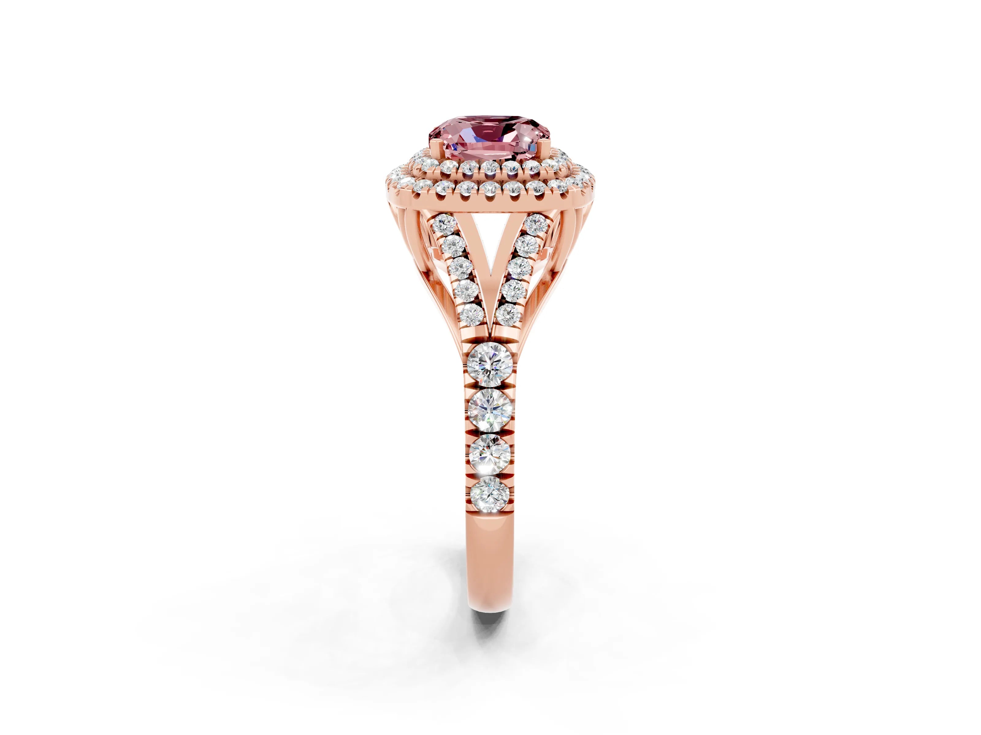 Rose gold Cushion Cut Morganite Double Halo Ring with Split Shank and Prong Setting_14