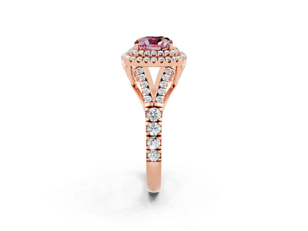 Rose gold Cushion Cut Morganite Double Halo Ring with Split Shank and Prong Setting