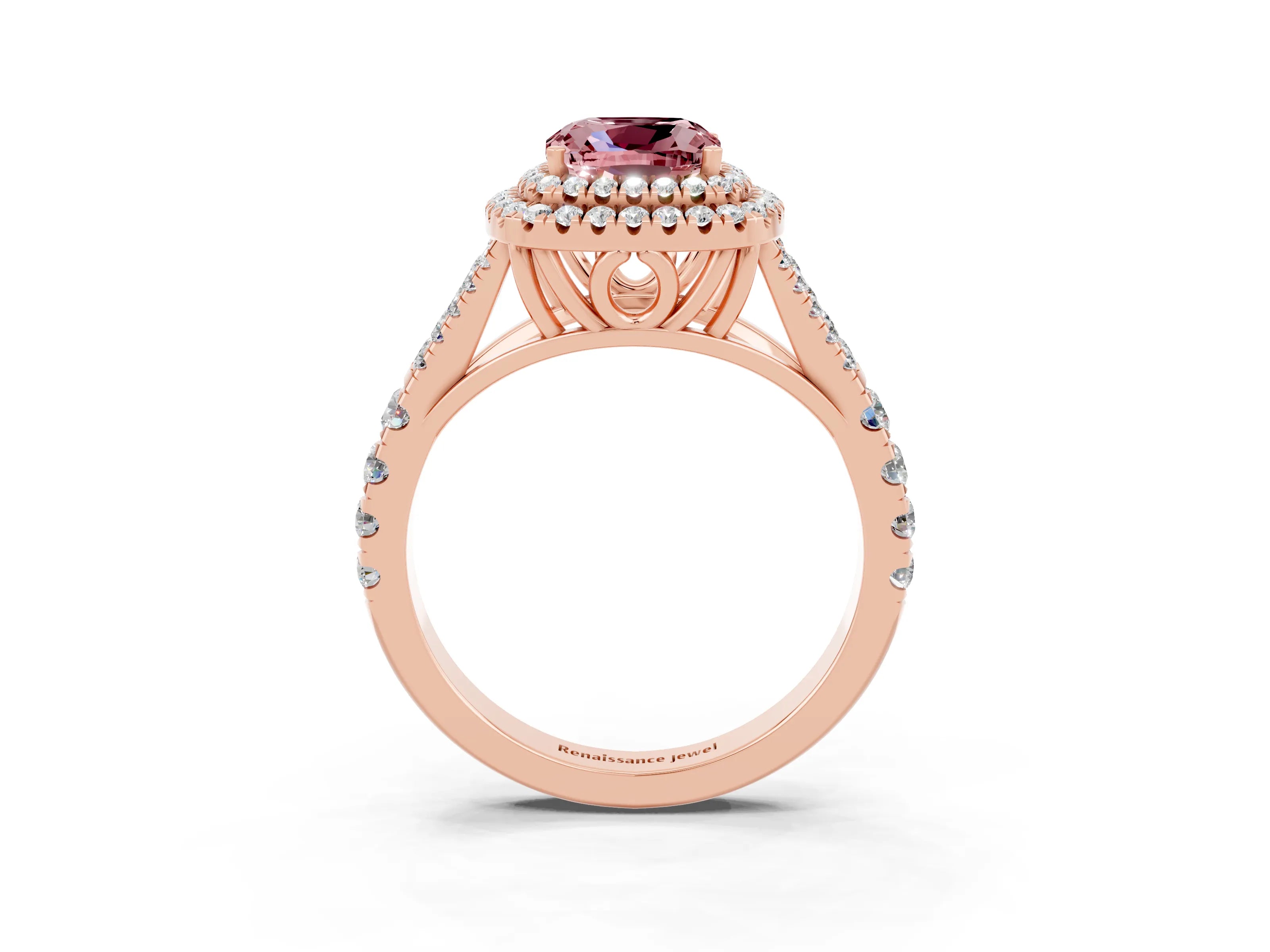 Rose gold Cushion Cut Morganite Double Halo Ring with Split Shank and Prong Setting_15