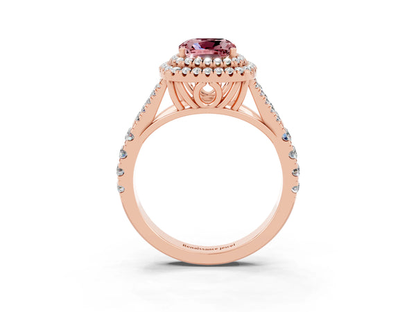 Rose gold Cushion Cut Morganite Double Halo Ring with Split Shank and Prong Setting