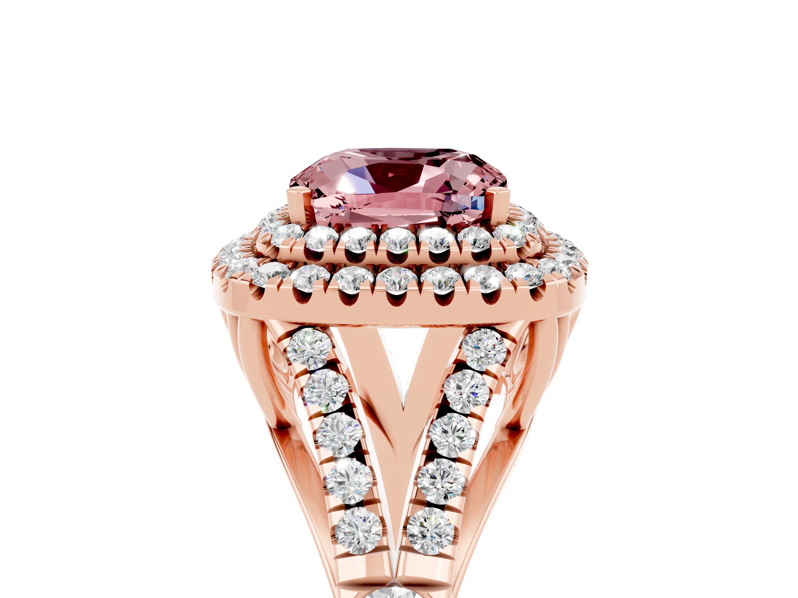 Rose gold Cushion Cut Morganite Double Halo Ring with Split Shank and Prong Setting_17