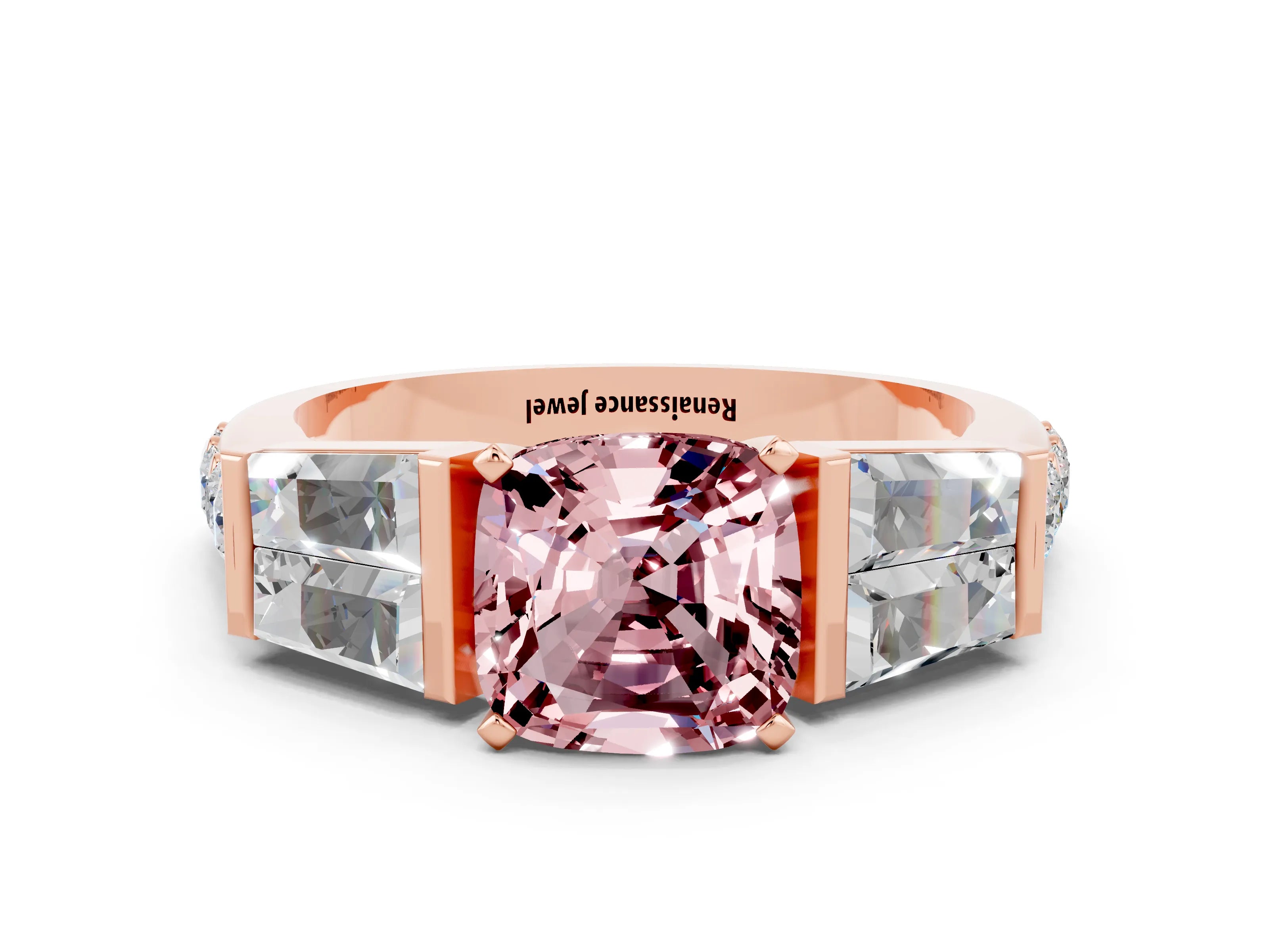 Rose gold Cushion Cut Morganite Engagement Ring with Baguette Side Stones and Channel Set Band